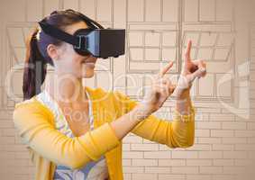 Woman in virtual reality headset against 3d cream hand drawn windows