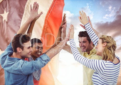Smiling friends hands up for independence day against 3d american flag