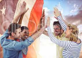Smiling friends hands up for independence day against 3d american flag