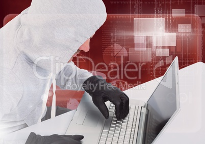 Hacker using a 3d laptop in front of red digital background