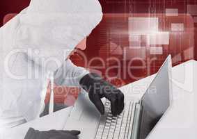 Hacker using a 3d laptop in front of red digital background