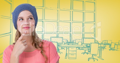 Millennial woman thinking against 3d yellow and blue hand drawn office