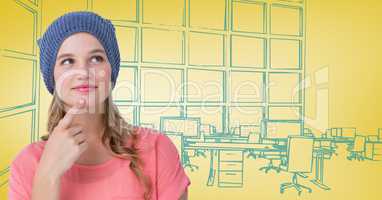 Millennial woman thinking against 3d yellow and blue hand drawn office