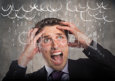 Frustrated business man against grey wood panel and 3d white rain graphics