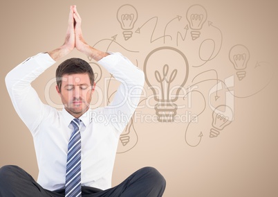 Business man meditating against cream background with lightbulb doodle