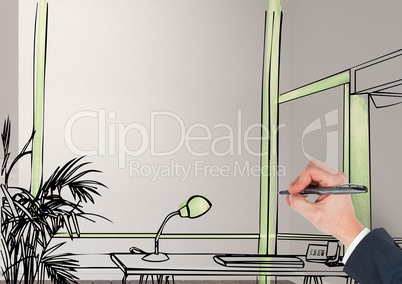 3D hand drawing office fictitious lines in the room. With green details