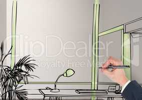 3D hand drawing office fictitious lines in the room. With green details