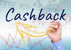 CASHBACK with yellow arrow write on the screen. Stock market background