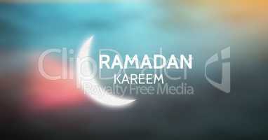 White Ramadan graphic against blue pink blurry background