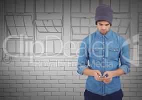 Millennial man texting against 3D grey hand drawn windows