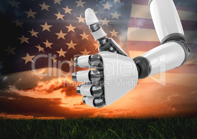 Robot with thumbs up against sunset and american flag