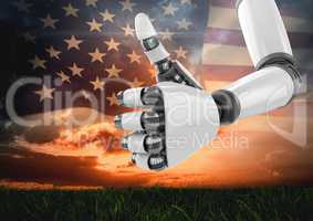 Robot with thumbs up against sunset and american flag