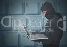 Hacker using a laptop in front of digital background of keyboard