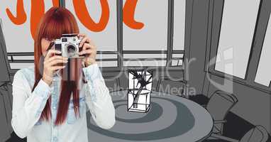 Millennial woman with camera against orange and grey hand drawn office