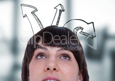 Top of woman's head and upward 3D arrows against blurry grey office