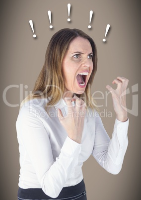 Frustrated business woman against brown background and 3D exclamation points