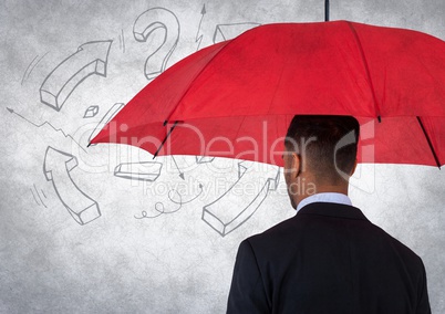 Back of business man with umbrella against white wall with math graphic and grunge overlay