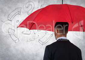 Back of business man with umbrella against white wall with math graphic and grunge overlay