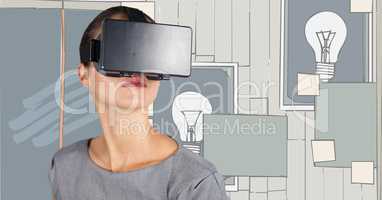 Business woman in virtual reality headset against 3d wall with pictures