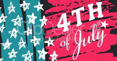 White fourth of July graphic against hand drawn pink, blue, white and grey american flag