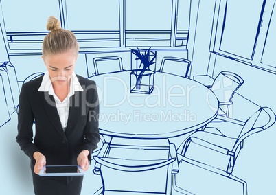 young businesswoman with tablet in office 3d blue lines on light blue background