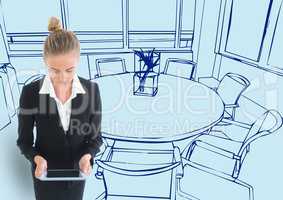 young businesswoman with tablet in office 3d blue lines on light blue background