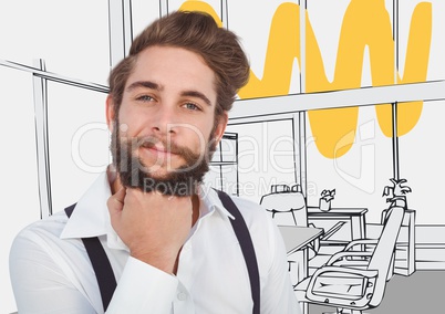 Millennial man chin on hand against 3D grey and yellow hand drawn office
