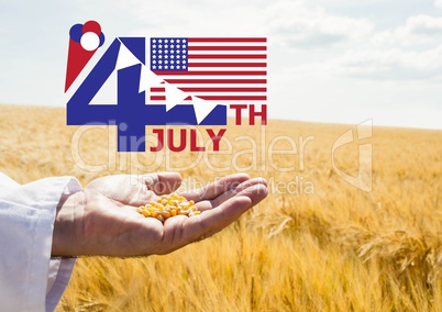 Fourth of July graphic with flags and ice cream against cornfield and hand holding corn