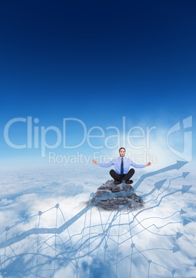 Business man meditating on mountain peak behind 3d blue graph