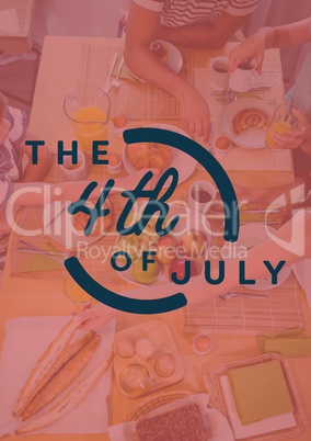 Fourth of July graphic against overhead of family at table with red overlay
