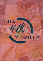 Fourth of July graphic against overhead of family at table with red overlay