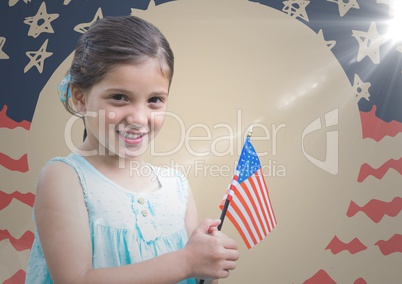 Girl holding american flag against hand drawn american flag with flare