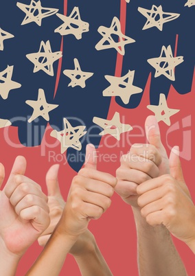 Hands giving thumbs up against blue hand drawn star pattern and red background