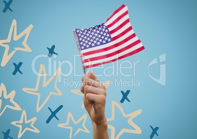 Hand holding american flag against blue background with hand drawn star pattern