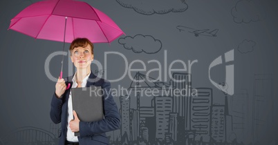 Business woman with umbrella against grey background with 3D city doodle