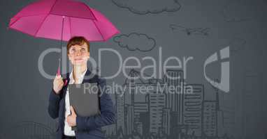 Business woman with umbrella against grey background with 3D city doodle
