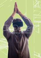 Man in virtual reality headset against green and white hand drawn stairs