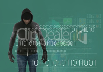 Hacker standing on in front of green background with digital numbers