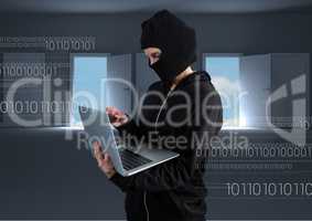 Hacker using a laptop in room with open doors