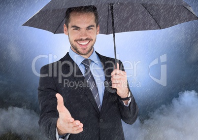 Smiling 3D businessman offering his hand holding an umbrella