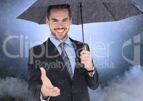 Smiling 3D businessman offering his hand holding an umbrella