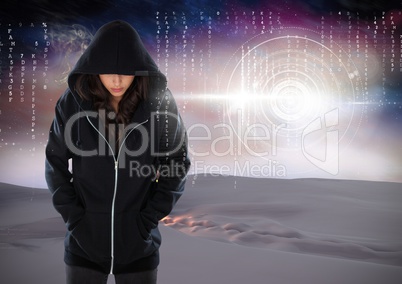 Woman hacker hooded standing on in front of digital background