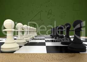 3D Chess pieces against green background with math doodles