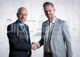 Business men shaking hands against white wall with city doodle