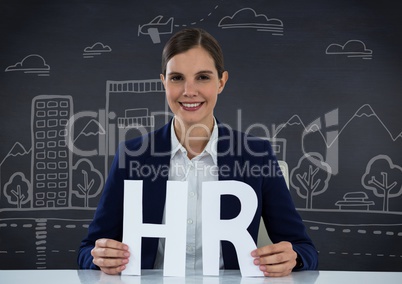 Business woman with HR letters against navy chalkboard with 3d white city doodles
