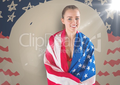 Woman wrapped in american against 3d hand drawn american flag with flares