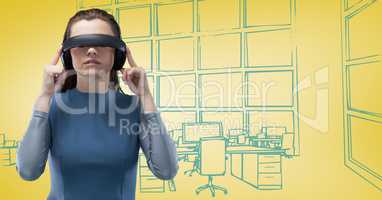 Woman in virtual reality headset against 3d yellow and blue hand drawn office
