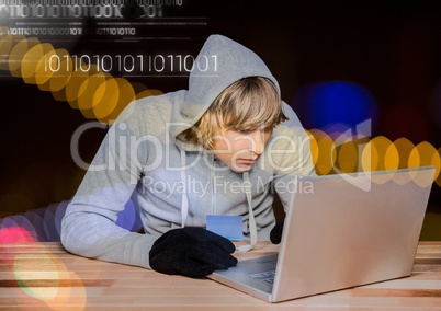 3d Blond hair hacker using a laptop