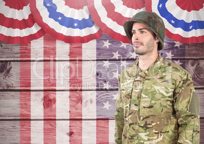 3d soldier standing against american flag background