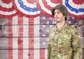 3d soldier standing against american flag background
